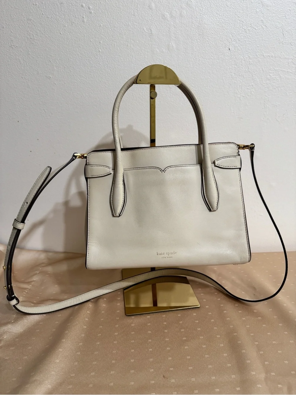 Kate Spade Cream Leather Top-Handle Satchel Bag with crossbody shoulder strap